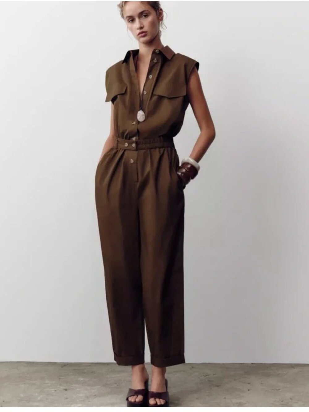 Zara Woman LONG POPLIN JUMPSUITDARK BROWN Size S Small